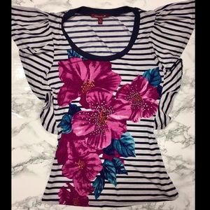 Navy Stripe Floral Ruffle Tshirt